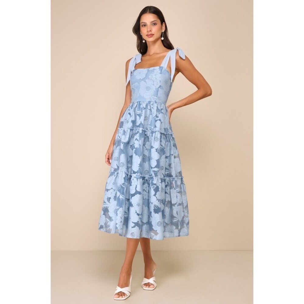 Lulus Proof Of Perfection Blue Floral Tiered Tie-strap Midi Dress - Size M